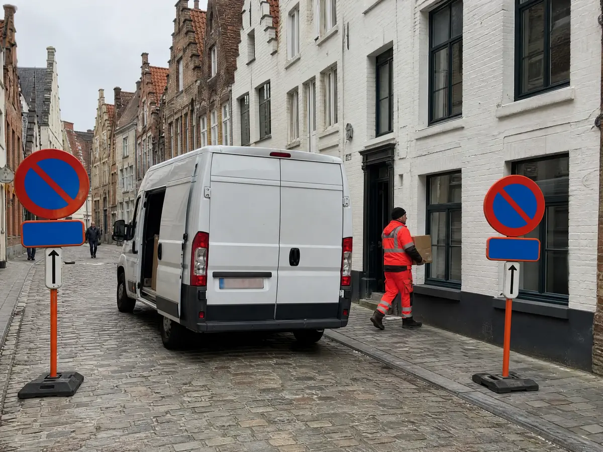 Verhuiswagen tussen twee parkeerverbodsborden in een smalle straat in Gent