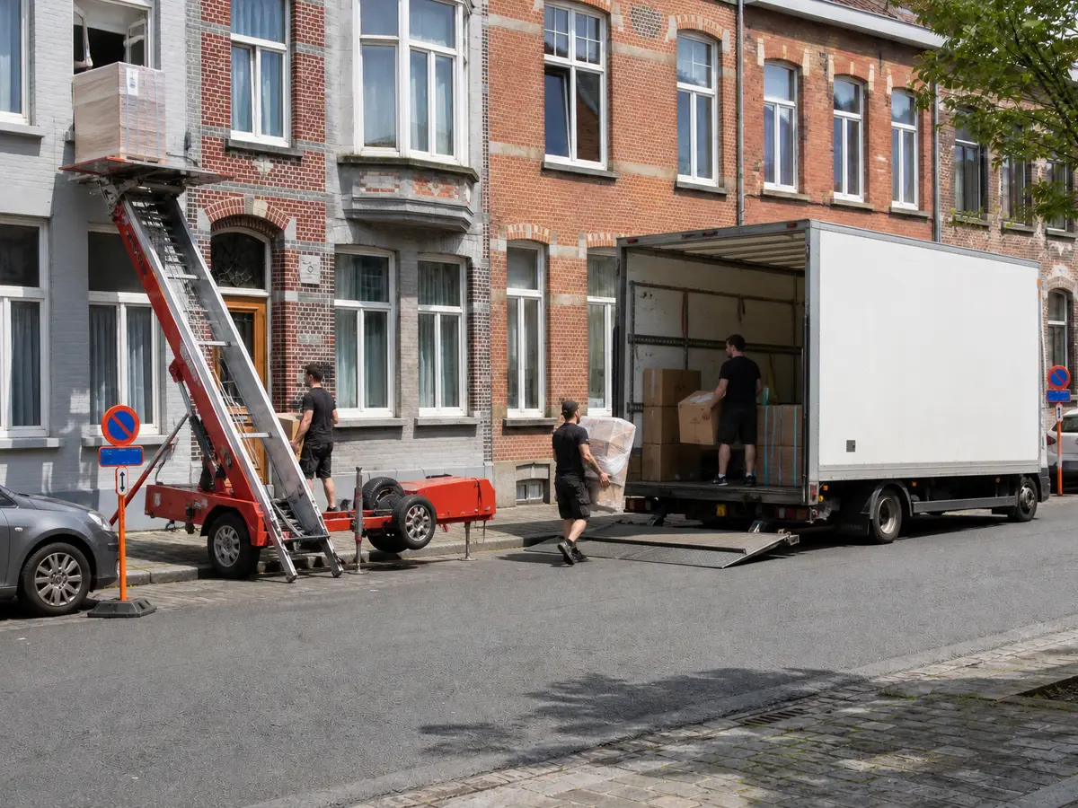 Verhuiswagen en ladderlift in de vrije zone tussen de borden